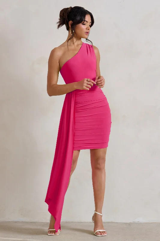 Charlie | Pink One Shoulder Ruched Mini Dress With Statement Drape