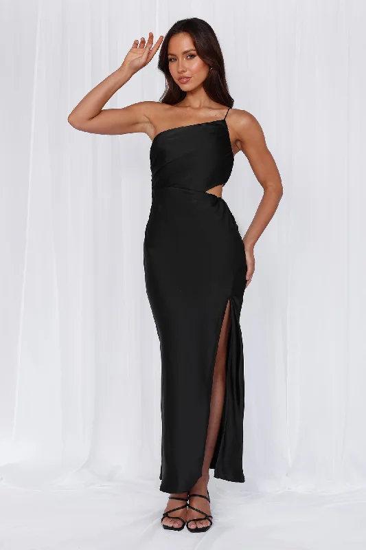 HELLO MOLLY The Opal One Shoulder Satin Maxi Dress Black