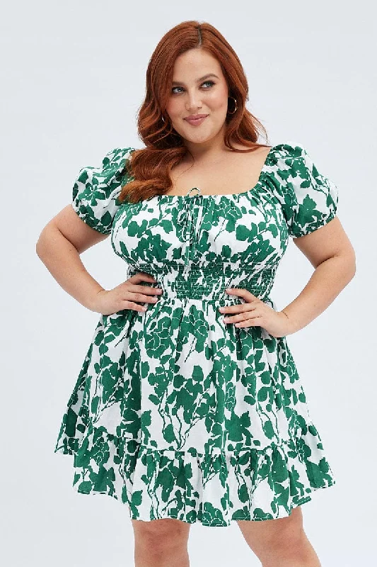 Green Floral Fit And Flare Dress Short Sleeve