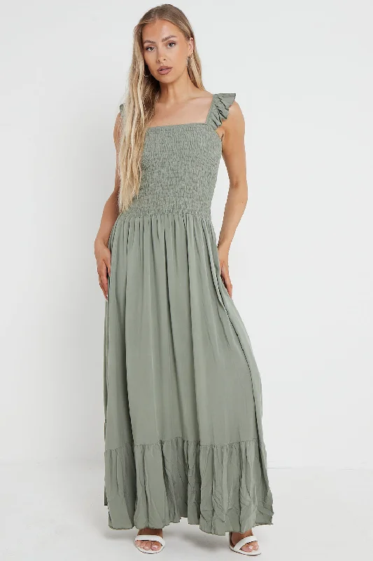 Aftershock London Khaki Shirred Maxi Dress With Frill