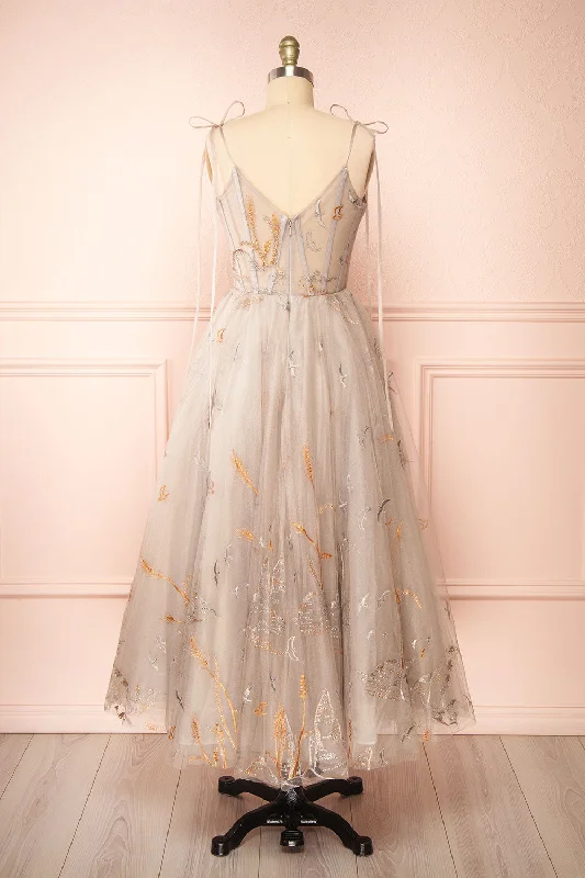 Ksenia | A-Line Midi Dress w/ Bird Embroidery