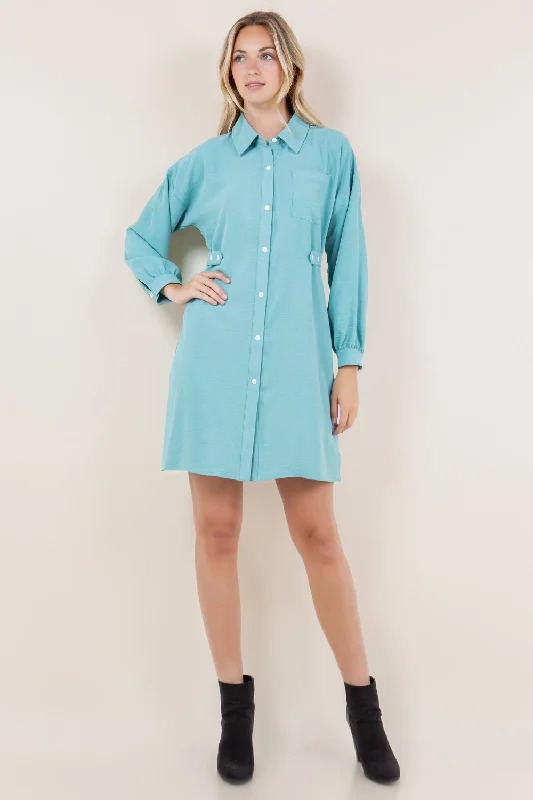 LS BUTTON UP DRESS WITH ADJUSTABLE SIDE TAB - D3529-AFLW-ALOE