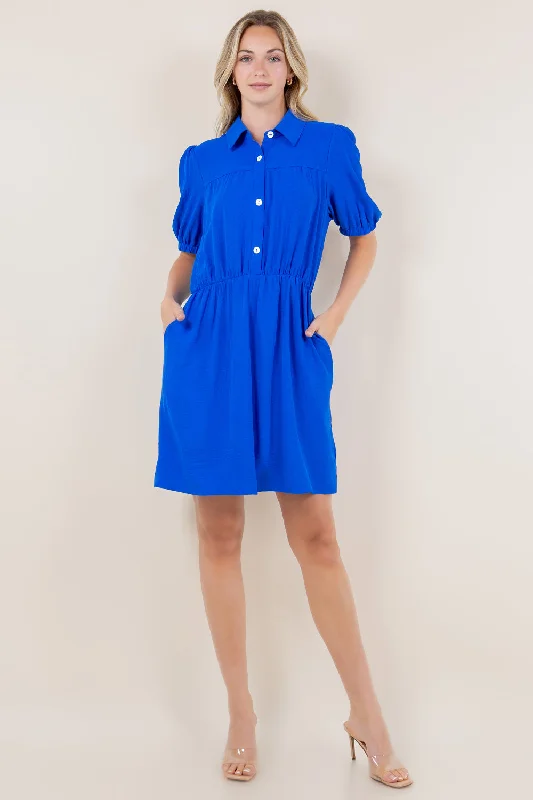 PUFF SS TIER BUTTON FRONT DRESS - D3532-AFLW-ROYAL