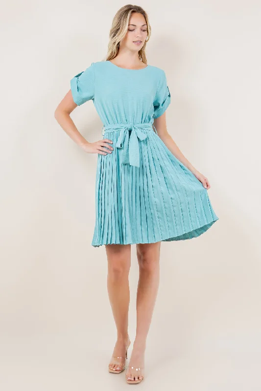 SS ROLL TAB PLEATED DRESS - D3575-ALOE