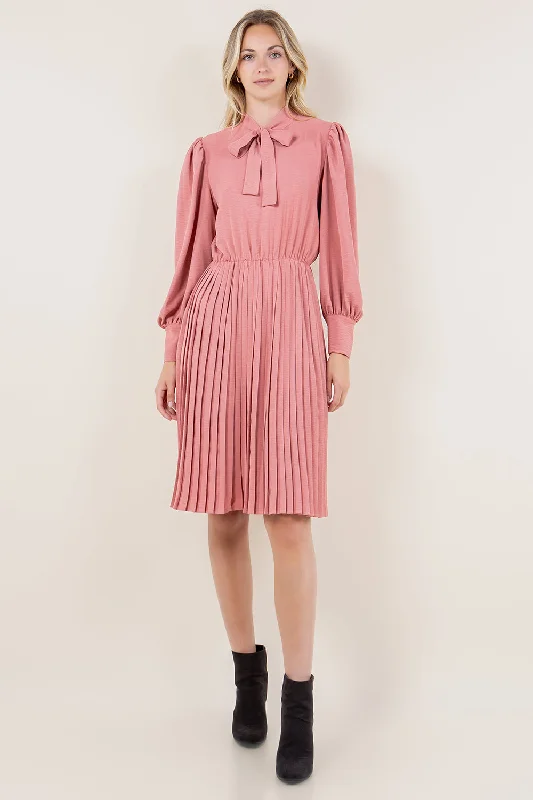 WIDE CUFF PUFF LS PLEATED A LINE DRESS - D3573-MAUVE