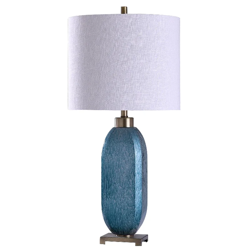 rustic farmhouse table lamps for cozy kitchensrustic farmhouse table lamps for cozy kitchensStyleCraft Maldon Brushed Steel Textured Drip Blue Glass Table Lamp with White Tapered Drum Shade