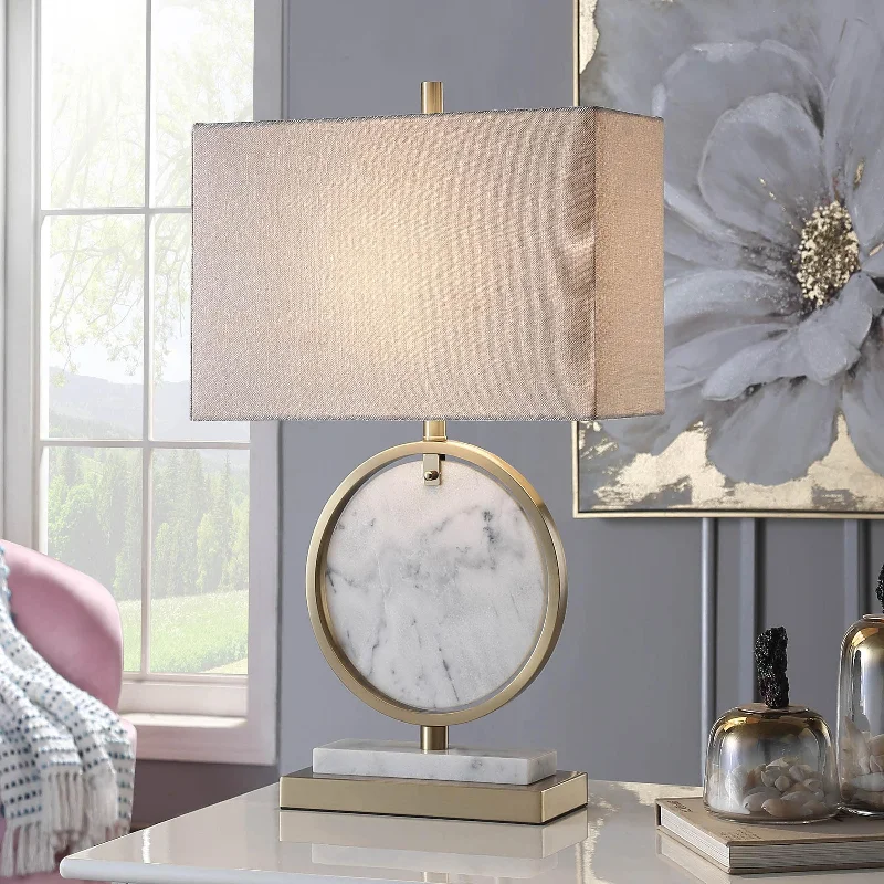 fabric table lamps with a linen shade for a relaxed and breathable lookfabric table lamps with a linen shade for a relaxed and breathable lookStyleCraft Ulster White Steel Ring Table Lamp with Marble Insert